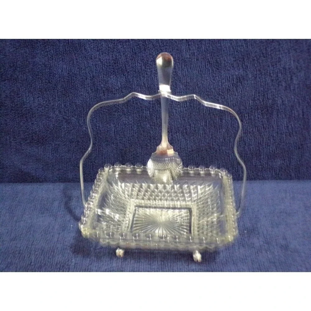 Vintage 3 Piece Square‎ Diamond Glass Jelly Relish Dish Hanging Metal Spoon Rack